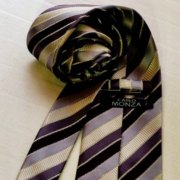 Carlo Monza, Italie,  All silk necktie,  made in china, stripped silver pattern - Picture 11 of 16